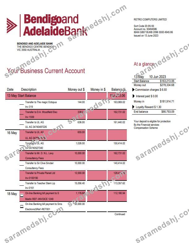 Bendigo and Adelaide Bank company account statement Word and PDF template